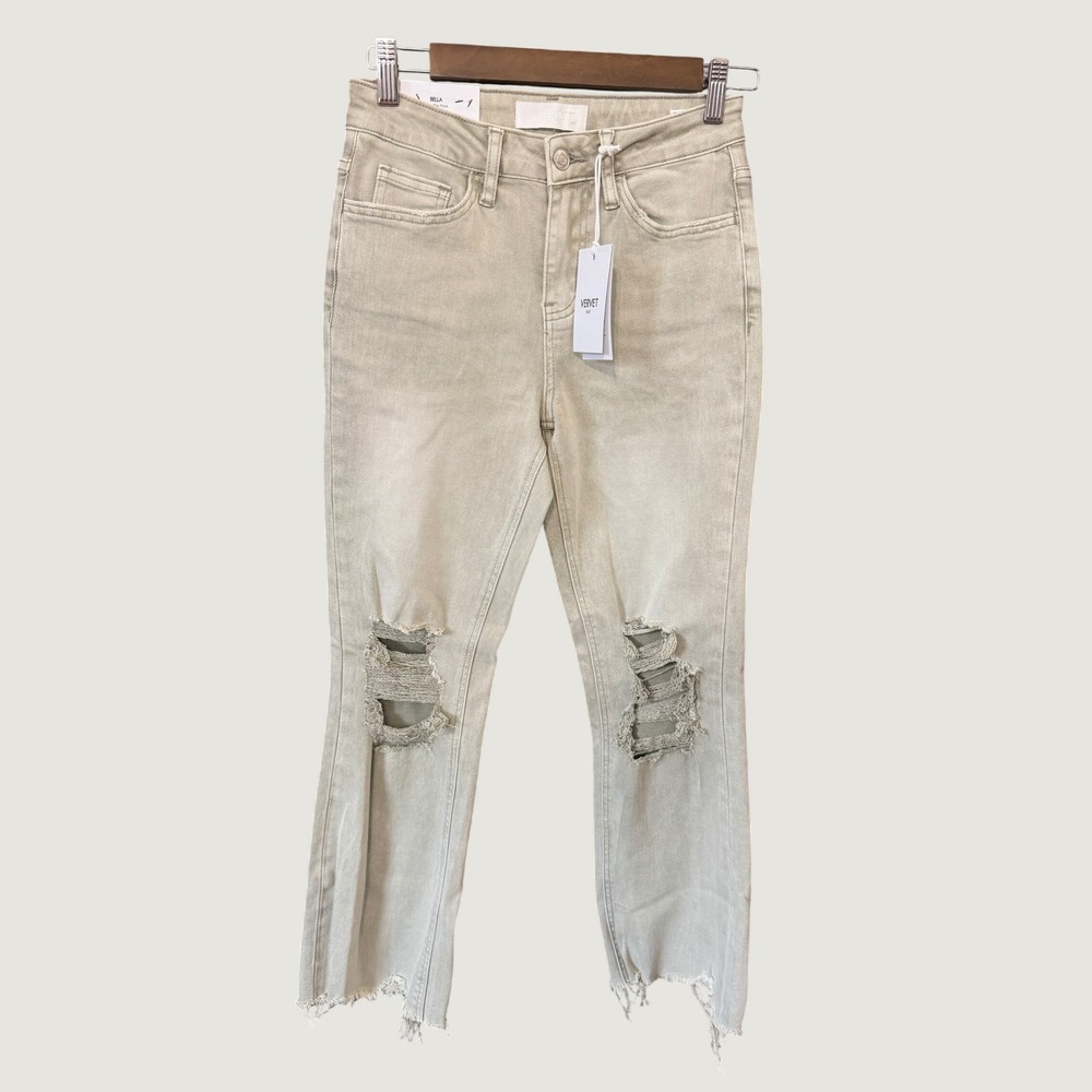 Vervet Bella High-Rise Flare Jeans Women 25 Light Olive Distressed Frayed Hem